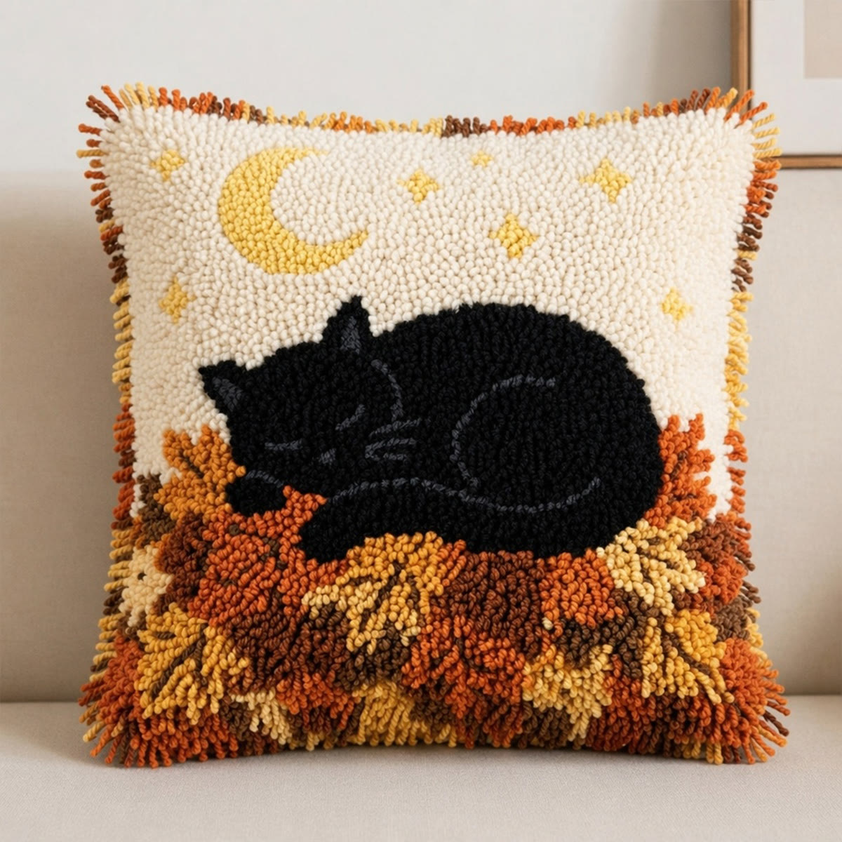 Rubbyoo Latch Hook Pillow Kit - Sleepy Black Kitty | Autumn Diy Needle ...