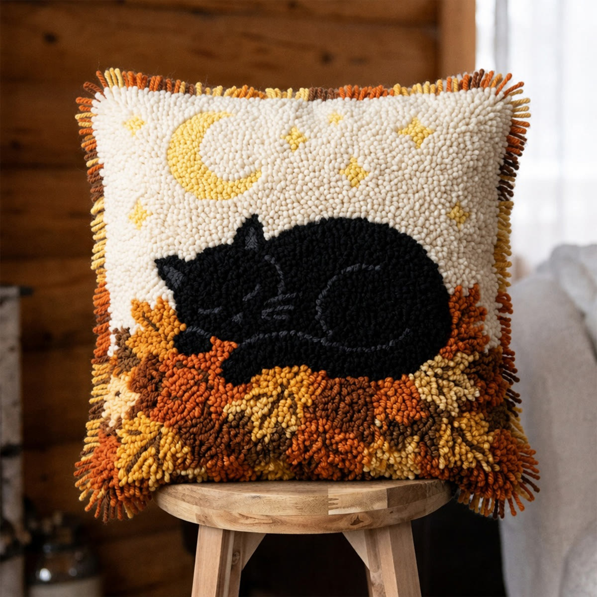Rubbyoo Latch Hook Pillow Kit - Sleepy Black Kitty | Autumn Diy Needle ...